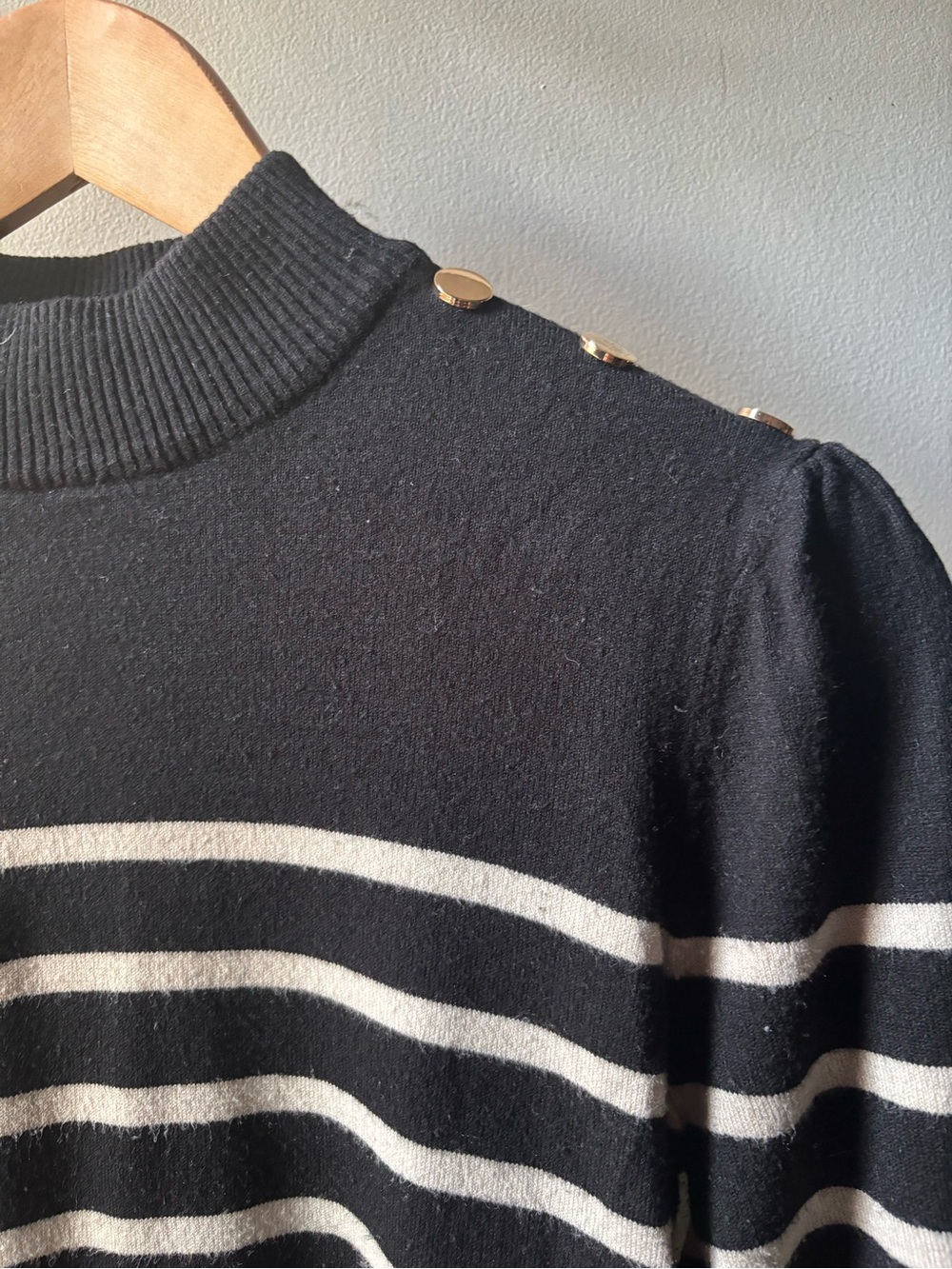Black Striped Knit Sweater with Gold Shoulder Buttons
